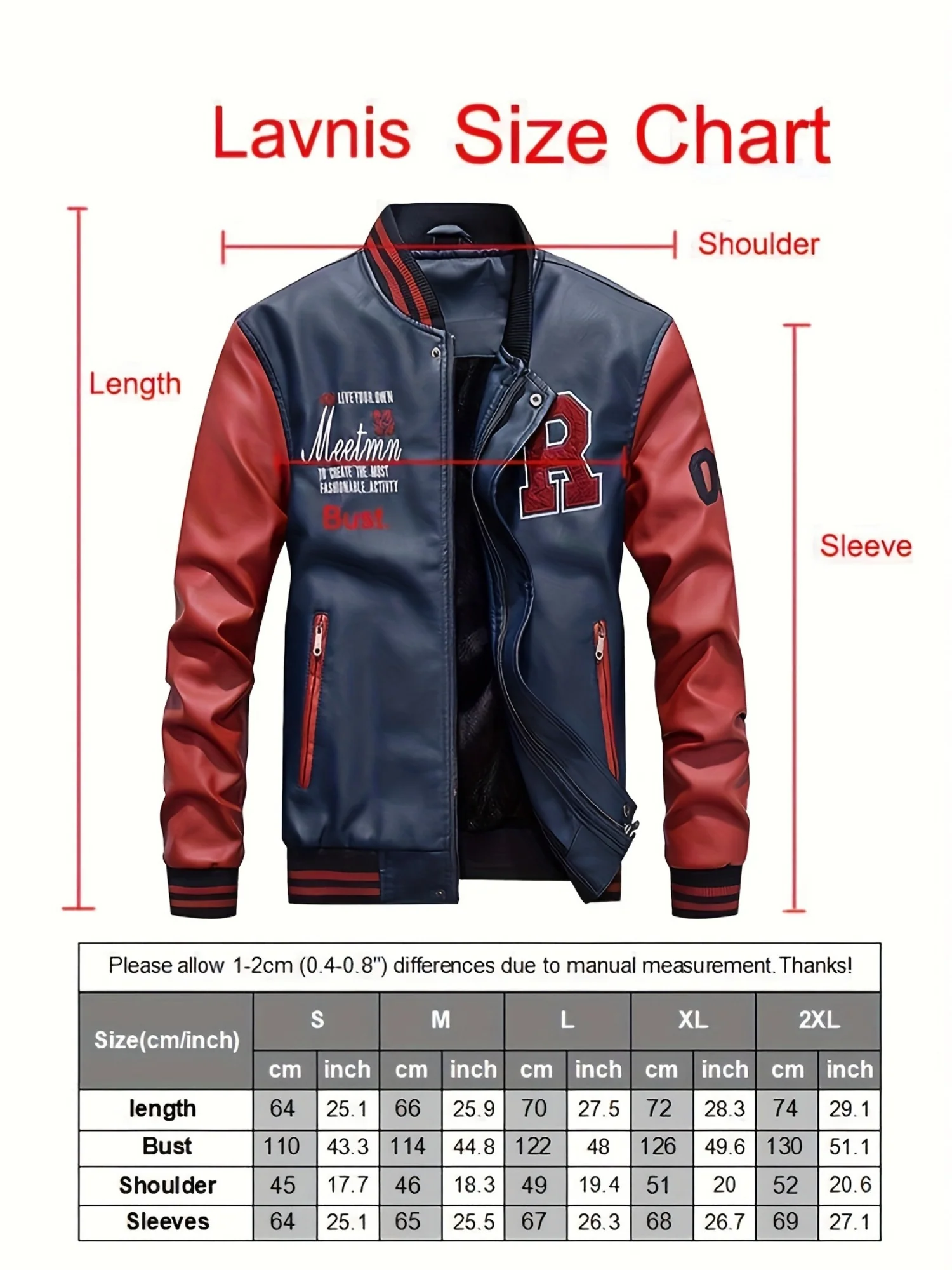 1pc Men'S Preppy Style Faux Leather Jacket - Polyester Baseball Collar Stand Coat with Alphabet Pattern, Zipper Closure, Non-Stretch Woven Fabric, Regular Fit with Polyester Lining, Plus Size - Deanwangkt