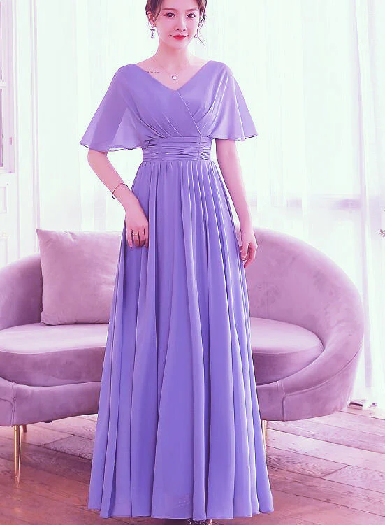 Solvbao Beautiful Light Purple Chiffon V-neckline Prom Dress, A-line Floor Length Bridesmaid Dress - Deanwangkt