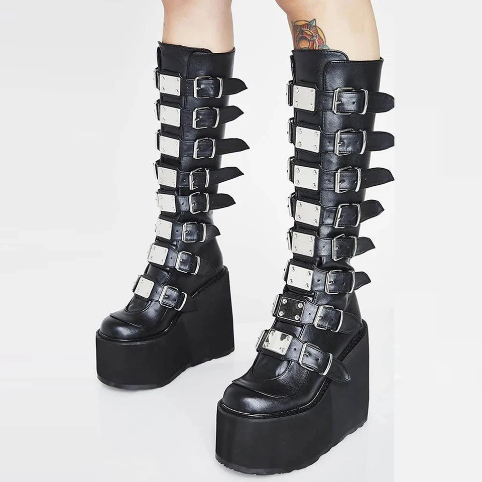 Cross-Border New Arrival Martin Boots  Autumn and Winter Metal Buckle with Platform 11cm High Heel plus Size Women's Boots - Deanwangkt