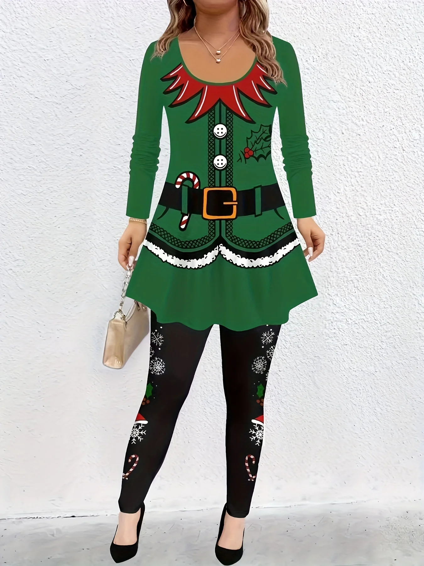 Jolly Vibes, Women's Plus Size Christmas Candy & Fruit Print Long Sleeve Tee and Leggings Set with Button Detail - Casual, Stretchy Polyester Outfit - Deanwangkt