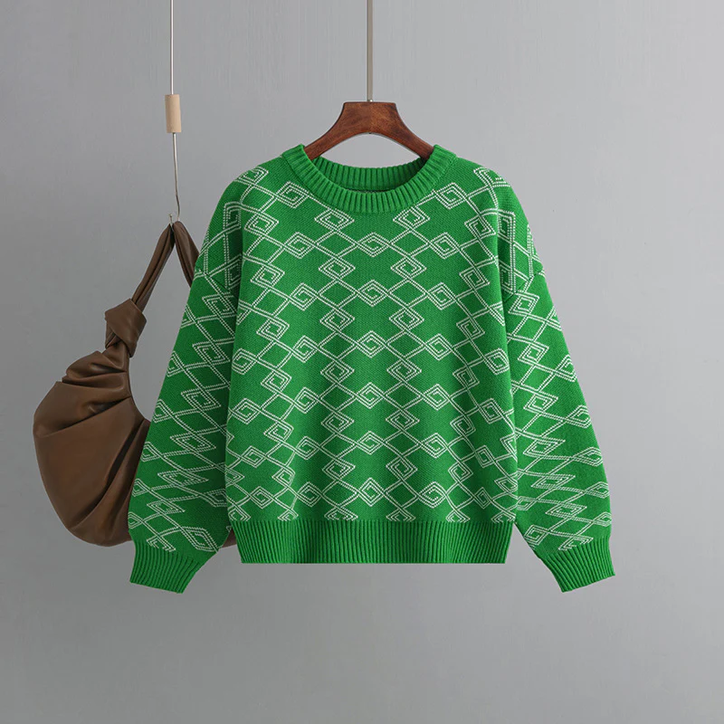 DEANWANGKT Cross-border 2025 Express Jacquard Long Sleeve Sweater Women's Autumn and Winter  New Loose Versatile Crew Neck Hot Style Top - Deanwangkt