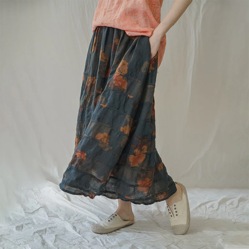 design retro autumn and winter double-layer cocoon skirt, retro nostalgic ethnic print skirt B22279 - Deanwangkt