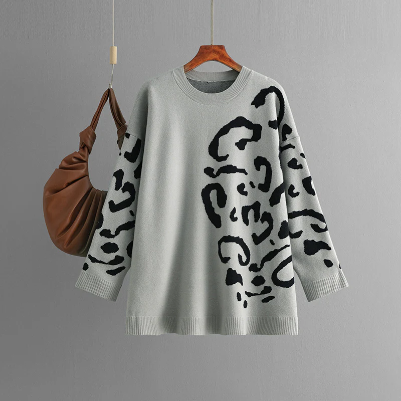 DEANWANGKT Knitted jacquard sweater women's New autumn and winter 2025 new products round neck pullover leopard print long sleeve medium and long bottoming shirt - Deanwangkt