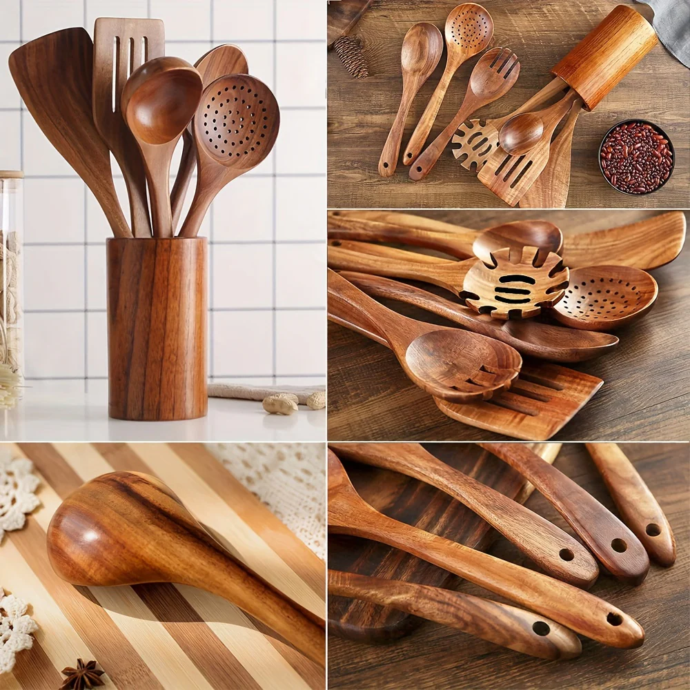 7-Piece Premium Wooden Cooking Utensils Set - Durable, Heat Resistant, Non-Stick Pan Compatible - Comprehensive Kitchenware for Cooking and Food Preparation - Deanwangkt