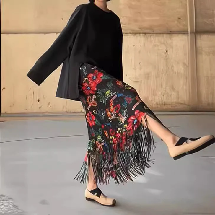 2025 2023 spring and summer new retro floral skirt women's niche design high-end fringed pleated medium and long skirt - Deanwangkt