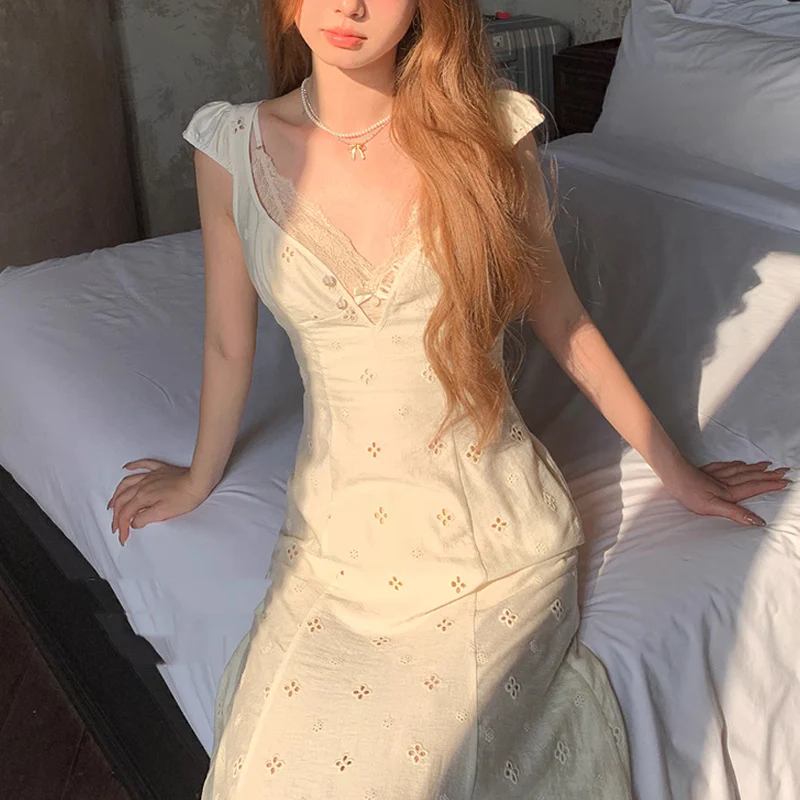 deanwangkt Zanzan [South  Holiday]  Retro Hollow Machine Embroidery V-neck Dress  Summer Dress - Deanwangkt