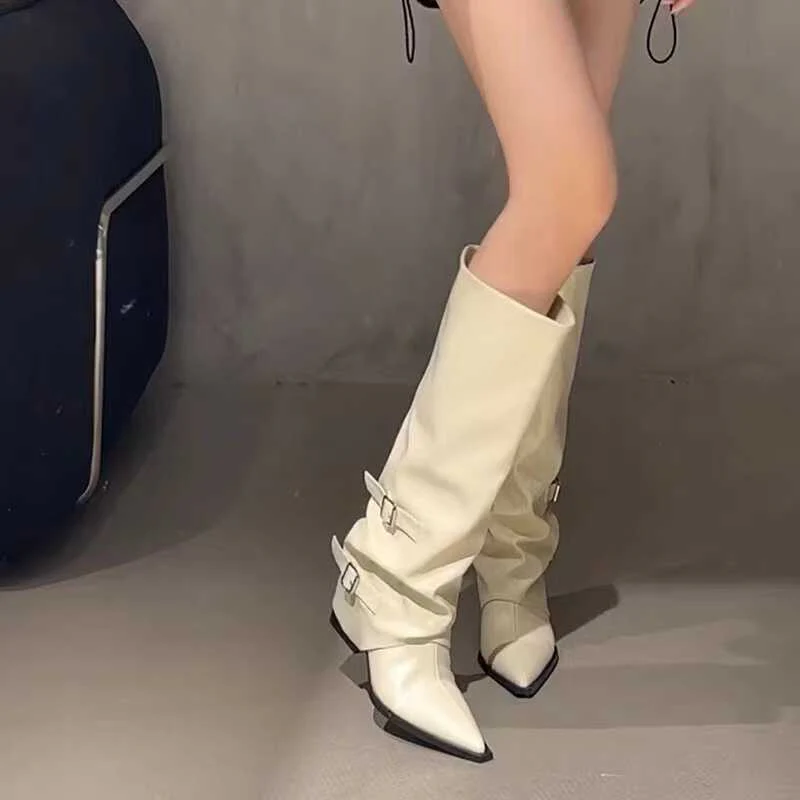 2025  White high-heeled trouser boots women's thick-heeled pointed-toed knee-length boots belt-buckle high boots - Deanwangkt