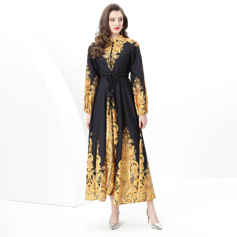 romantic atmosphere print dress women's spring bubble sleeves single-breasted design temperament light luxury long skirt - Deanwangkt