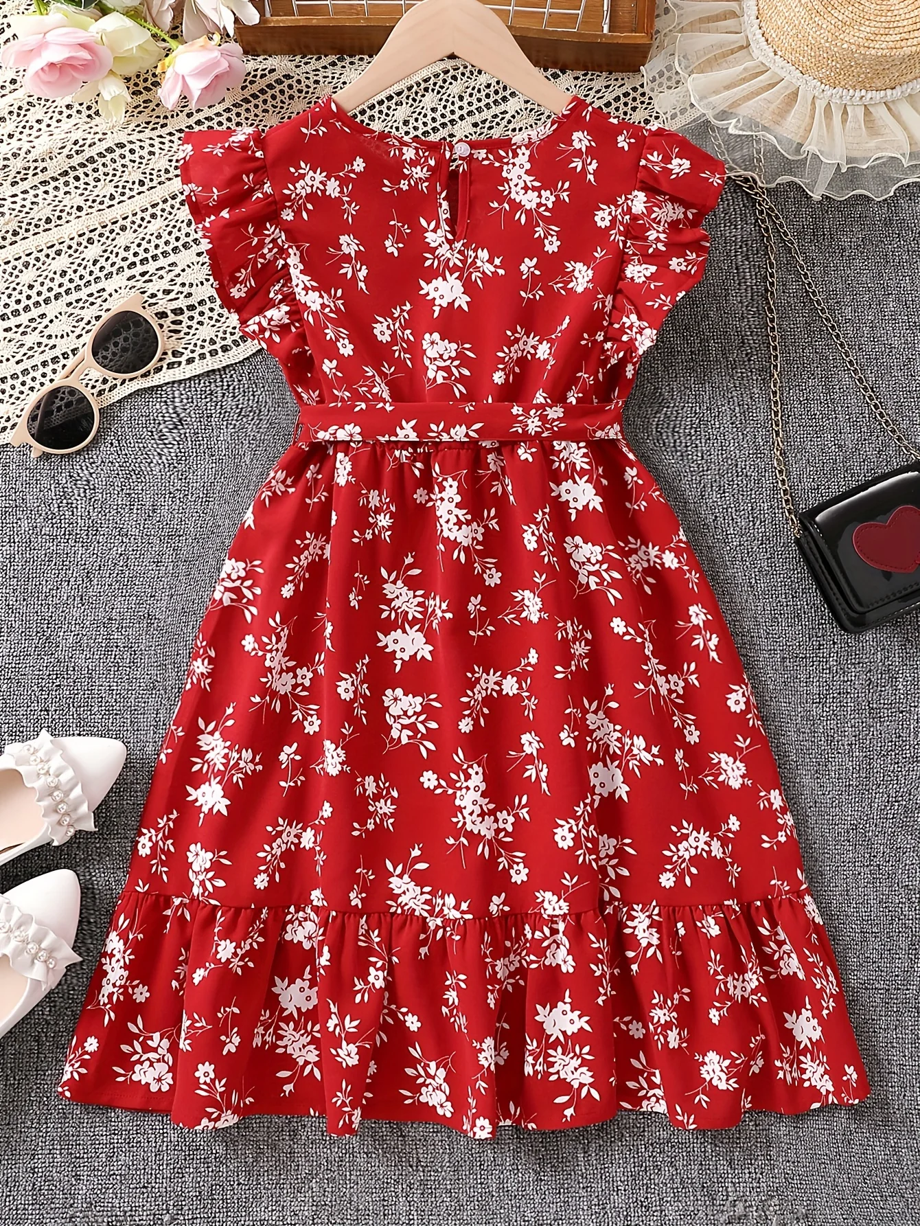 Stunning Vintage-Style Sleeveless Dress for Girls with Flower Print and Flutter Trim, Perfect for Summer and Christmas Party Gift - Deanwangkt