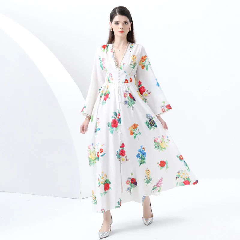 Popular, ,  New women's clothing retro deep V-neck horn sleeve wavy edge printing long dress - Deanwangkt