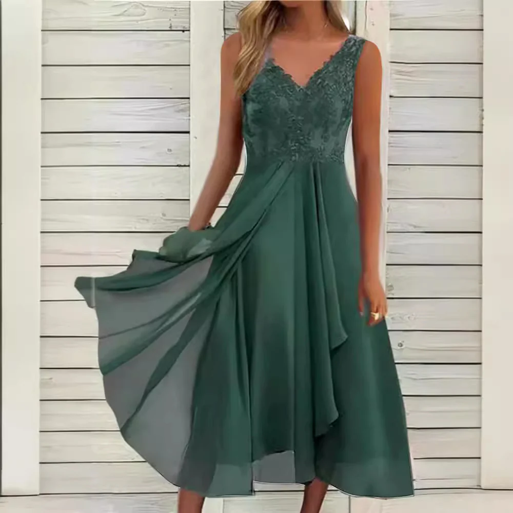 DEANWANGKT European Cross-Border  Dress Chiffon Stitching Lace Hollow out Female Dress Bridesmaid Evening Dress Sleeveless - Deanwangkt