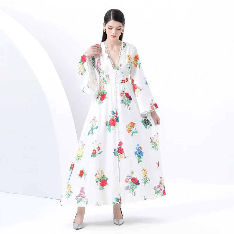 Popular, ,  New women's clothing retro deep V-neck horn sleeve wavy edge printing long dress - Deanwangkt