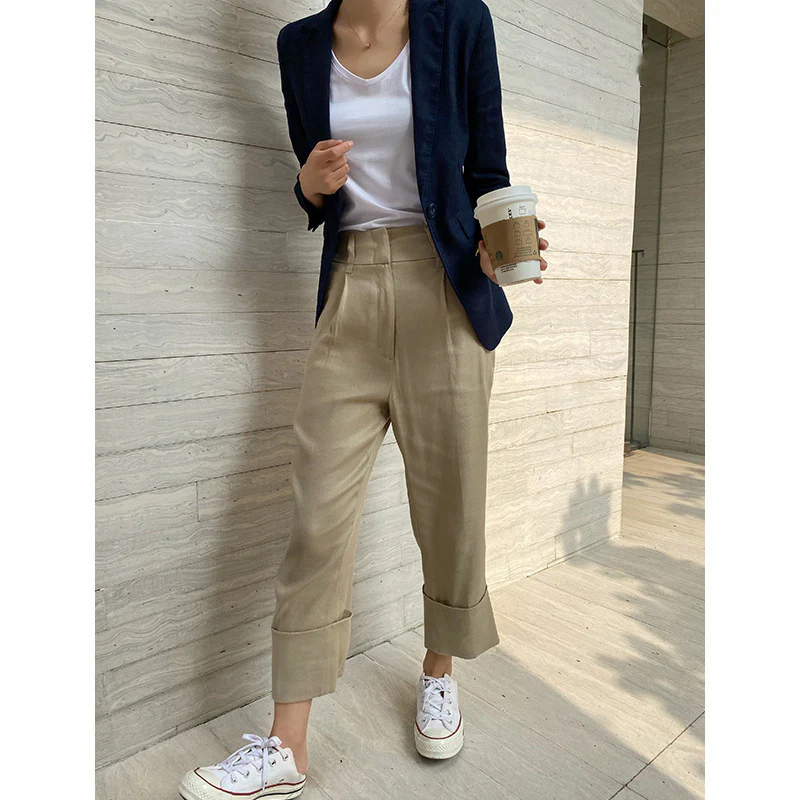 2025 Japanese linen straight nine-point pants  spring fashion women's suit casual pants high waist solid color wide-leg pants - Deanwangkt