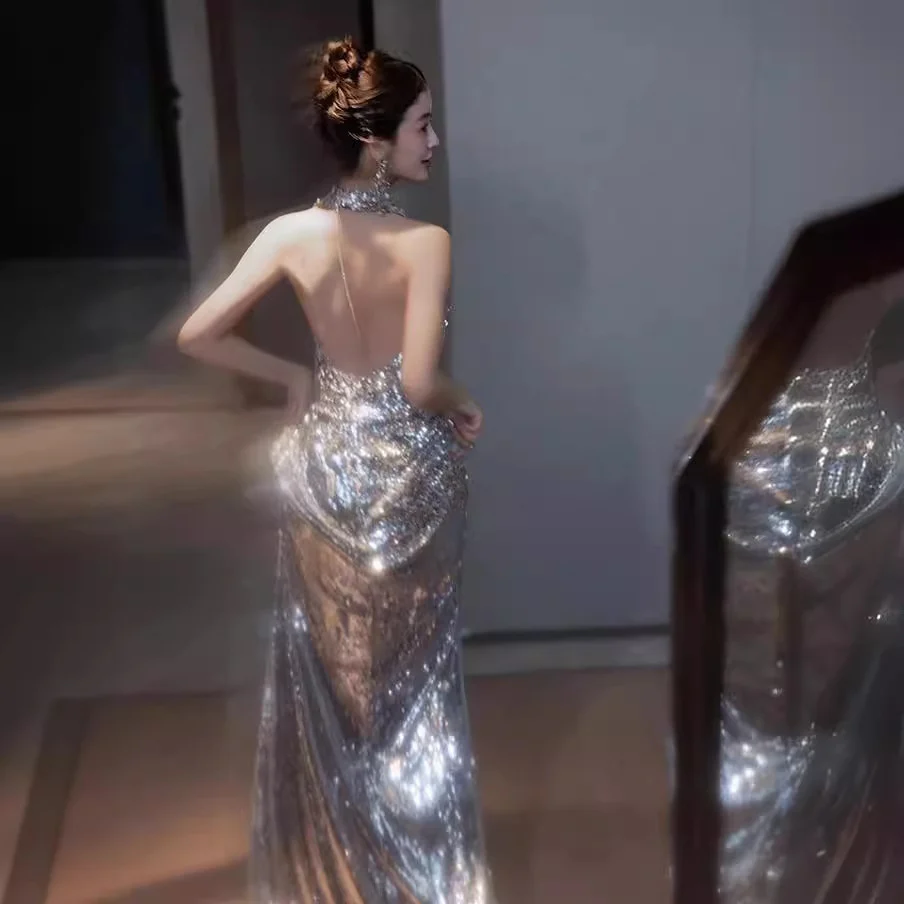 2025 Banquet evening dress  new silver sequined neck fishtail evening dress temperament bridal toast dress engagement dress - Deanwangkt