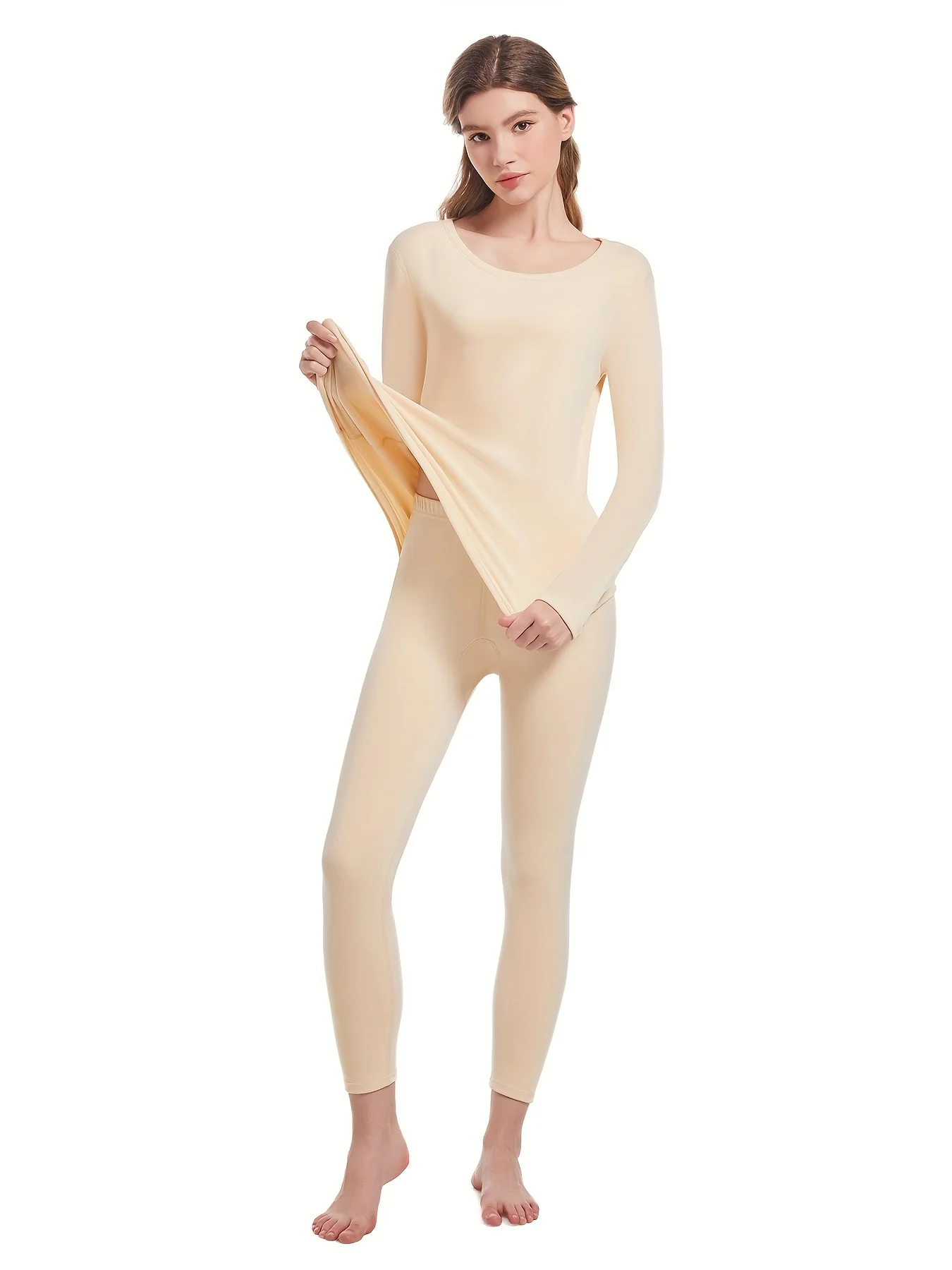 Women's Thermal Underwear Set - Solid Thick Long Sleeve Crew Neck Tops and Pants for Fall and Winter Loungewear and Underwear - Deanwangkt