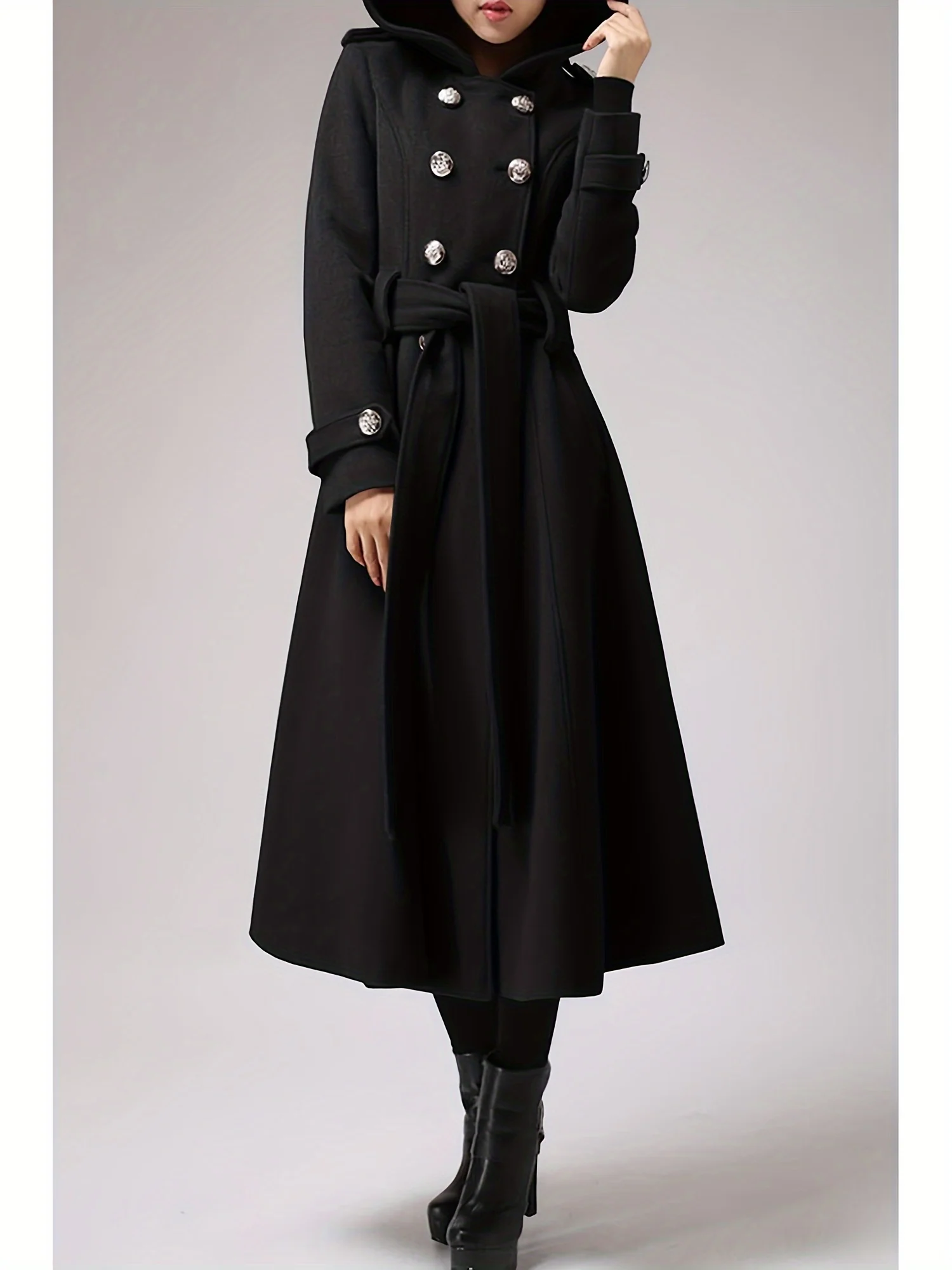 Womens Long Double-Breasted Hooded Coat Warm Woolen Coat With Belts - Deanwangkt