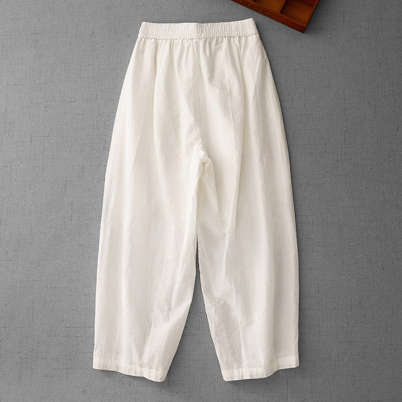 Summer  new Japanese retro beige cotton and linen paper pants women's high-waisted small radish wide-leg pants - Deanwangkt
