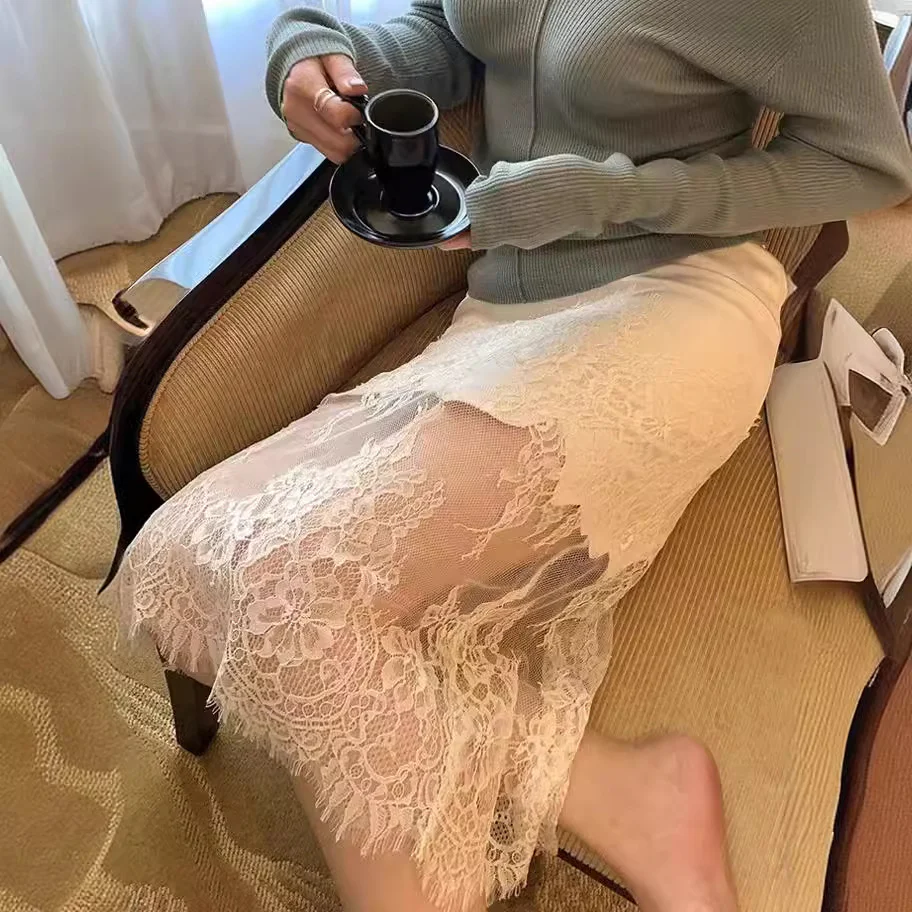 2025 popular summer splicing design lace skirt women's summer thin new high waist hip wrap long gauze skirt - Deanwangkt