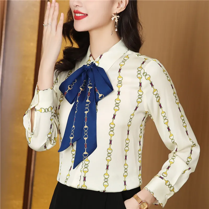 Printed Women Designer Lapel Shirts Silk Black Long Sleeve Elegant Fit Shirt Office Ladies Button Front Casual Satin Blouses Spring Fall Chic Slim Runway Tops - Deanwangkt