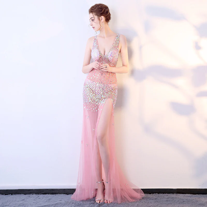 2025 G236/sexy perspective dress mesh long dress deep V-neck hand-sewn diamond long car show dress - Deanwangkt