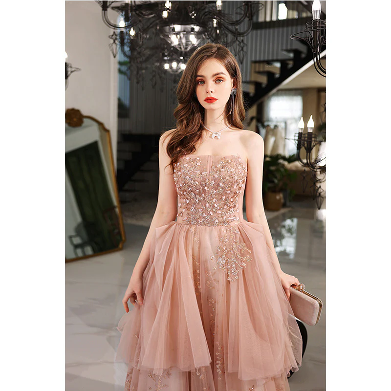 2025 One-word shoulder evening dress 2025 new Popular atmosphere pink performance birthday party host wedding dress female - Deanwangkt