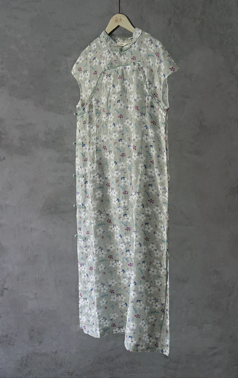 design Chinese style diagonal placket print thin cheongsam, Zen style Republic of China slim dress L21169 - Deanwangkt