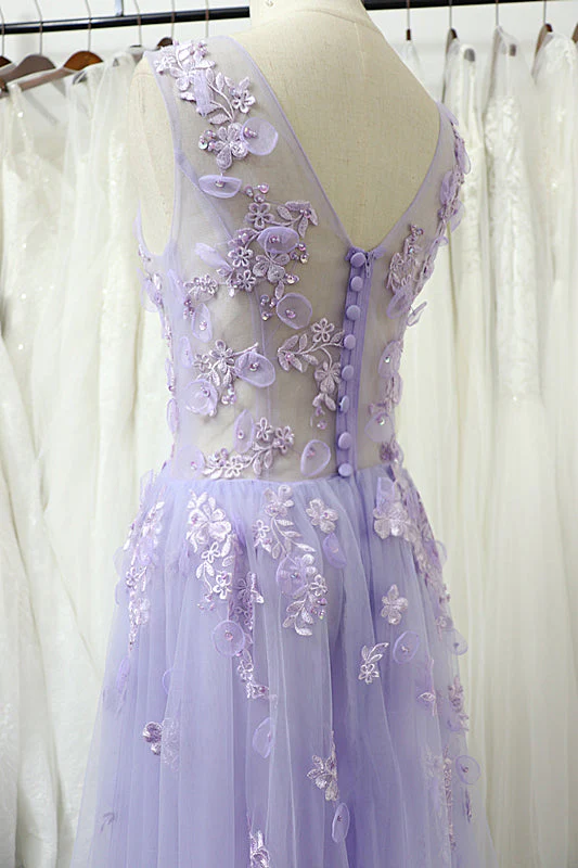 Solvbao Charming Tulle Floral Light Purple Long Party Dress, A-line Prom Dress - Deanwangkt