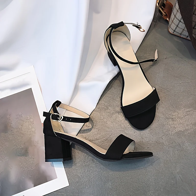 deanwangkt  Women's Fashion Chunky Heel Sandals, Solid Color Open Toe Ankle Strap Mid Heels, All-Match Elegant Dress Sandals - Deanwangkt