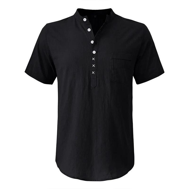 DEANWANGKT 2025 Cross-border men's Hawaiian short-sleeved beach shirt, Popular trade Henry shirt,   men's cotton and linen shirt - Deanwangkt
