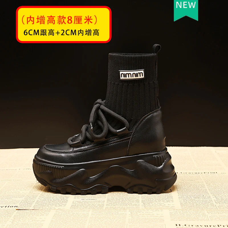 Martin Boots for Women Height Increasing Insole High-Top  Autumn and Winter Korean Style Muffin Bottom Cowhide Black Shoes One Piece Dropshipping Tide - Deanwangkt
