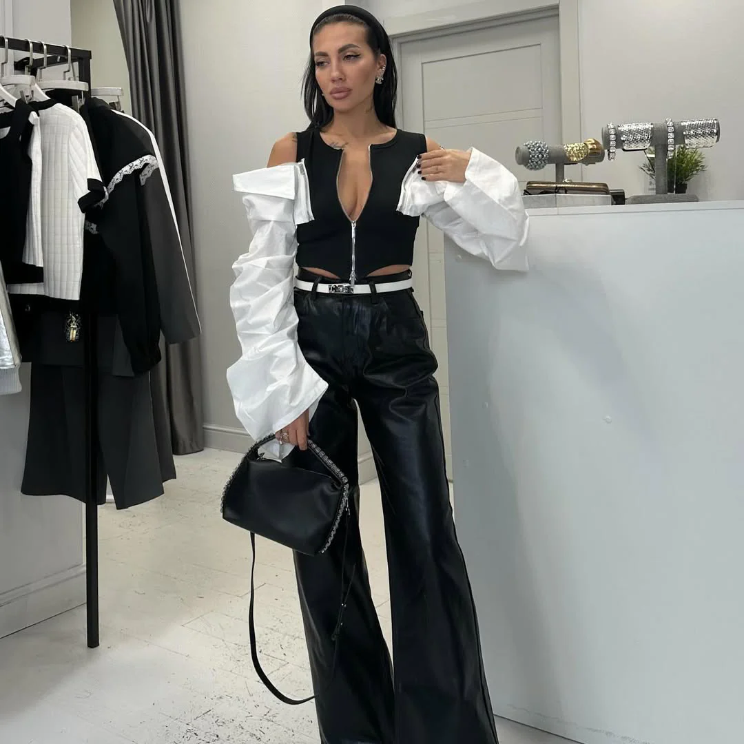 niche tops women's summer high-end black and white splicing off-the-shoulder short tops with large turned sleeves design personalized cardigan - Deanwangkt