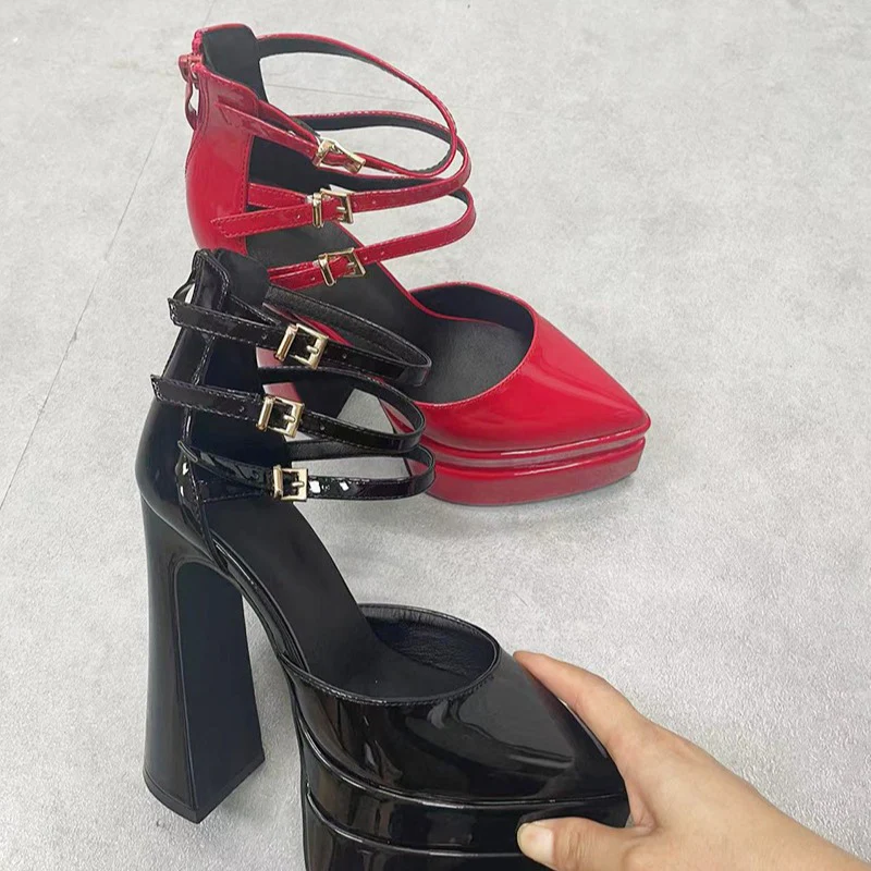 DEANWANGK  European and American Catwalk Buckled Chunky Heel Pointed-Toe Hollowed Patent Leather Sandals Super High Heel Platform High Heel Platform Shoes Catwalk Heel Shoes - Deanwangkt