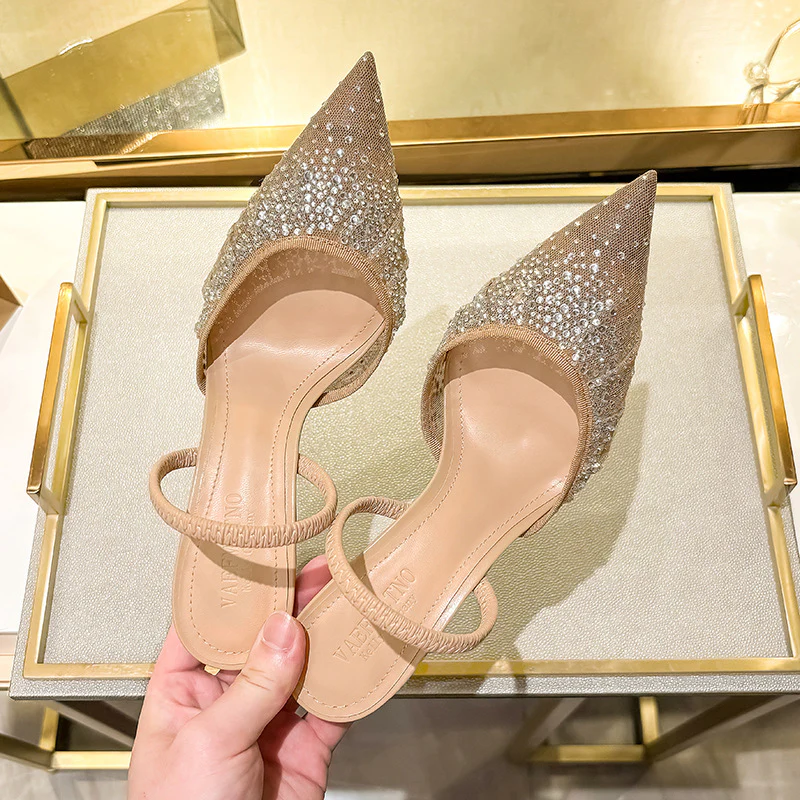 DEANWANGK  Mesh Fashion Elegant Slingback Muller High Heels Pumps  Summer Hollow Women's Sandals Rhinestone Two-Way Fashion Shoes - Deanwangkt
