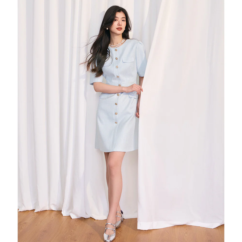 [Shengdu] 24 Spring and Summer New  Socialite Gentle Advanced Sweet Beauty Blue Classic Style Short Sleeve Dress - Deanwangkt
