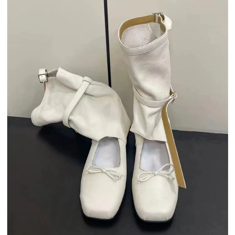 South Korea Niche Ballet Style Sandal Boots Women's  Summer New round Toe Bowknot Short Boots Hollow out Western Pile Style Boots - Deanwangkt