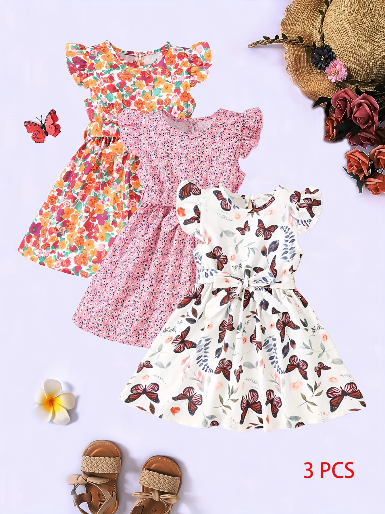 3pcs Little Princess Butterfly Floral Ruffle Trim Dresses - Adorable Belted Casual Summer Dresses for Girls - Polyester Non-Stretch Fabric, A-Line Fit, Perfect for Holiday Gift Party - Deanwangkt