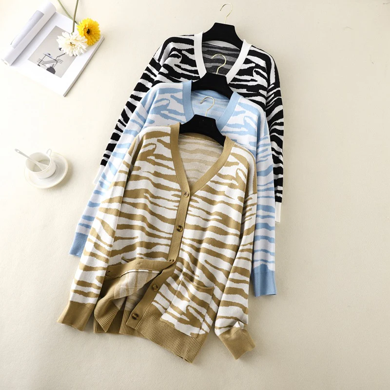 DEANWANGKT Cross-border women's knitted cardigan women's  autumn and winter new v-neck long-sleeved loose large-size sweater top coat - Deanwangkt