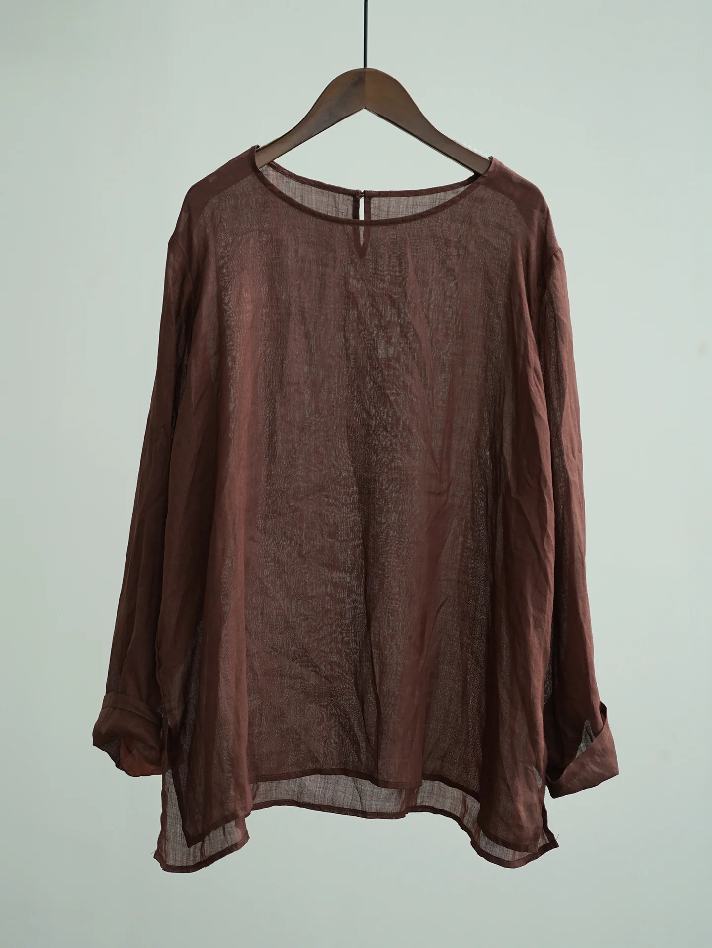 Original simple round neck pullover clear ramie medium and long shirt, literary style loose bottoming top W25069 - Deanwangkt
