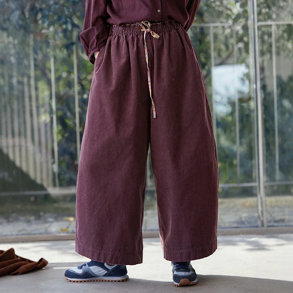 Autumn and winter Ankola red corduroy elastic waist radish pants, literary and original casual loose wide-leg pants B1015 - Deanwangkt