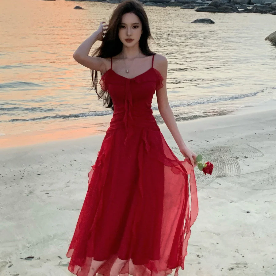 2025 vacation style retro suspender dress red engagement dress dress waist thin ruffle edge beach dress - Deanwangkt