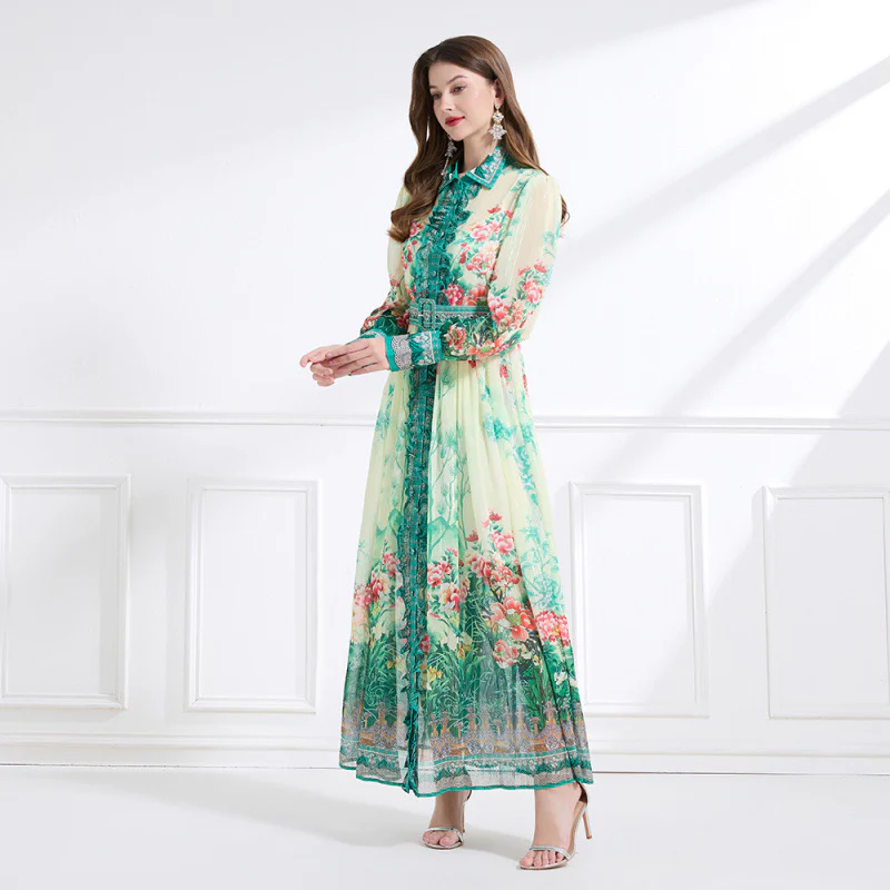 Spring/Summer  Chiffon Shirt Collar Print Long Sleeve Waist Lotus Edge Long Dress - Two-piece Set - Deanwangkt