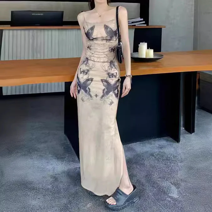 2025 Summer  Butterfly Spice Girl Dress Women's Ink Printing Waist Slim A-word Suspender Hip Wrap Skirt - Deanwangkt