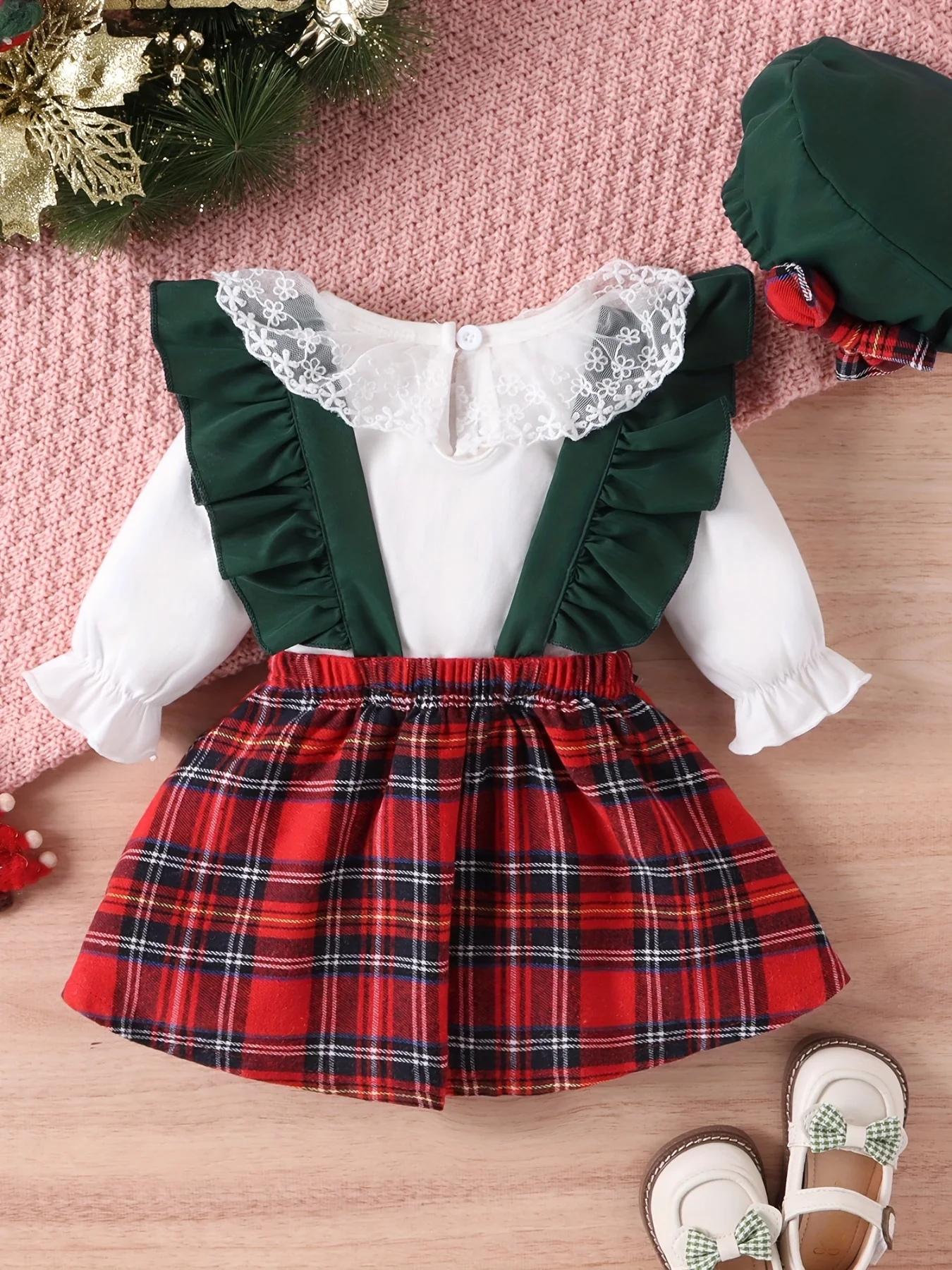 Baby Girls Cute Lace Trim Long Sleeve Romer + Red Plaid Suspender Skirt + Hat 3pcs Set Party Christmas Outfit, Coquette Style - Deanwangkt
