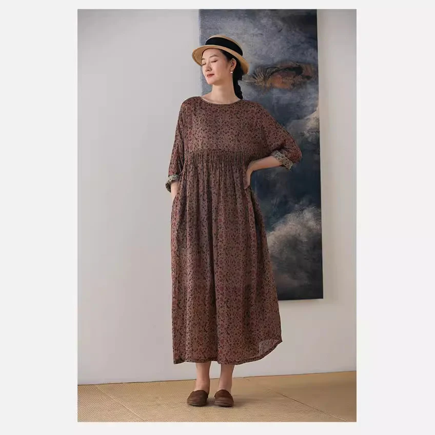 Mountain Free Soft, Light and Transparent Autumn Printing Enzyme 100 Pieces Delicate Ramie Loose Dress 220902 - Deanwangkt