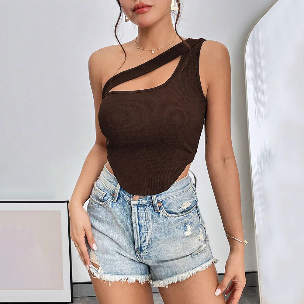 Cross-border  women's clothing popular new slim-fit ultra-short irregular hem slanted shoulder chest wrap vest hollow top - Deanwangkt