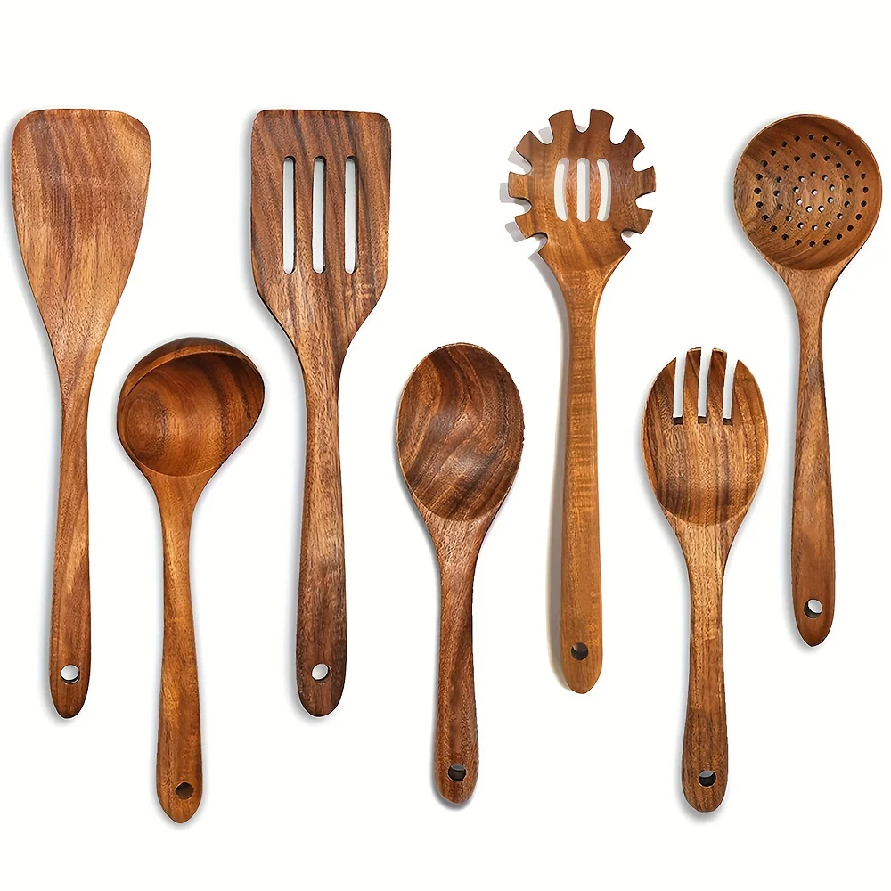7-Piece Premium Wooden Cooking Utensils Set - Durable, Heat Resistant, Non-Stick Pan Compatible - Comprehensive Kitchenware for Cooking and Food Preparation - Deanwangkt