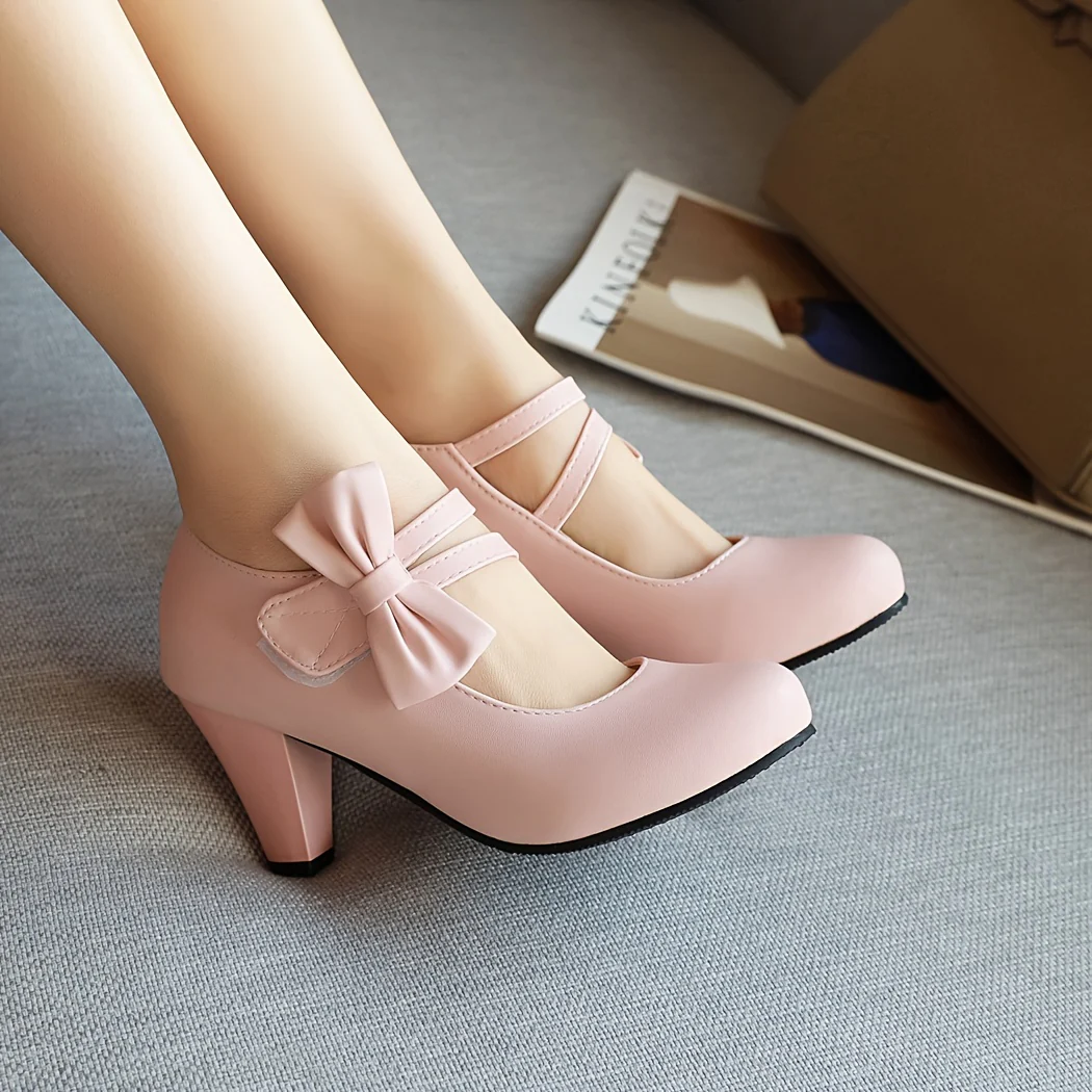 deanwangkt  Chic Kitten Heels with Round Toe & Bowknot Ankle Strap - Comfortable PU Leather Pumps for Work & Fashionable Dance - Elegant Women's Dress Shoes - Deanwangkt