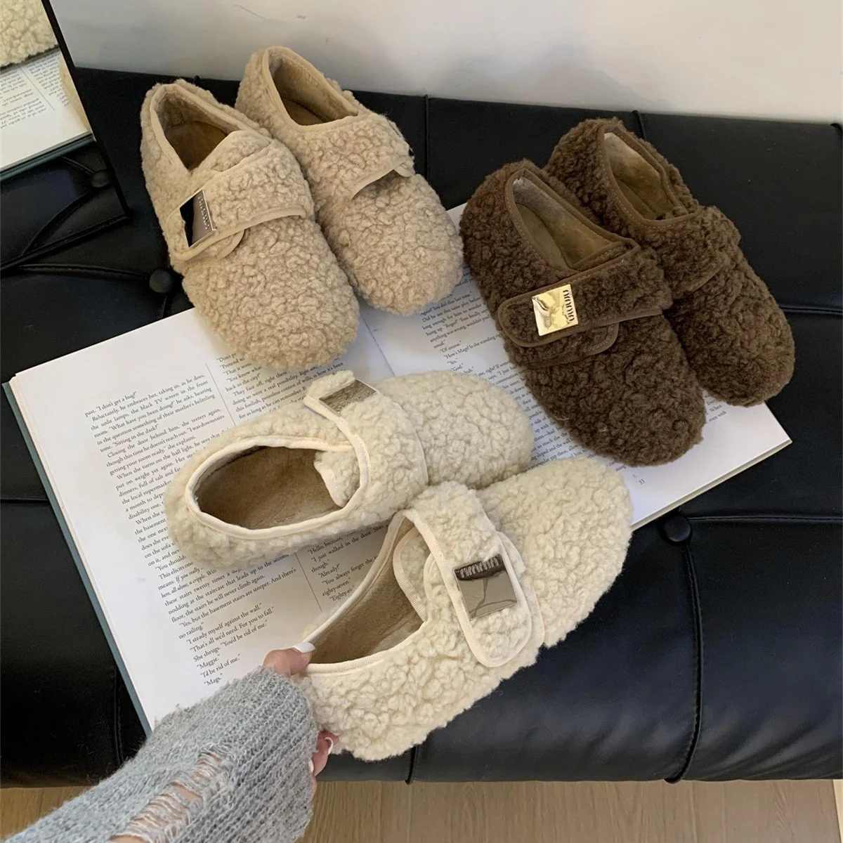 2025  niche metal buckle wool shoes women's autumn and winter outer wear velvet warm soft sole Velcro casual single shoes - Deanwangkt