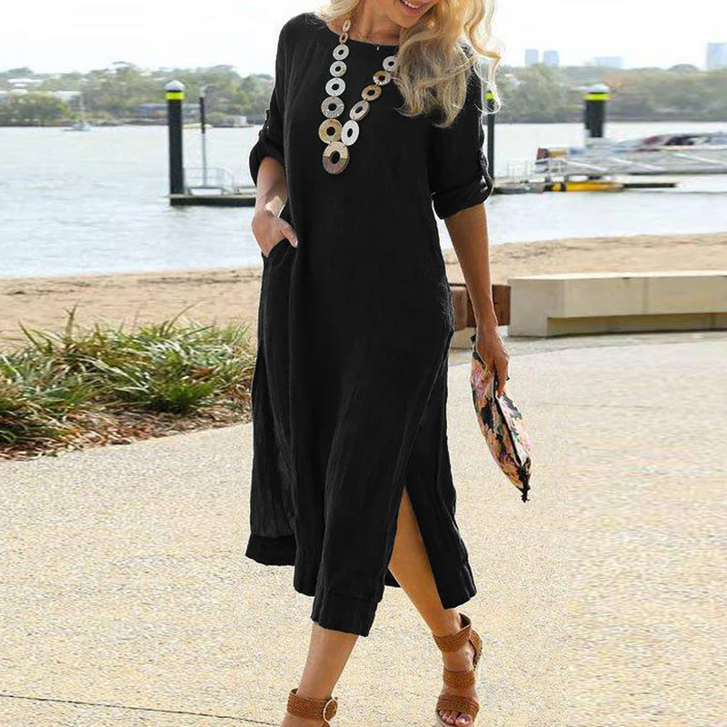 DEANWANGKT EBay  European and American Leisure Retro Long Shirt Dress Long Sleeve Slit Hemline at Hem Maxi Dress - Deanwangkt