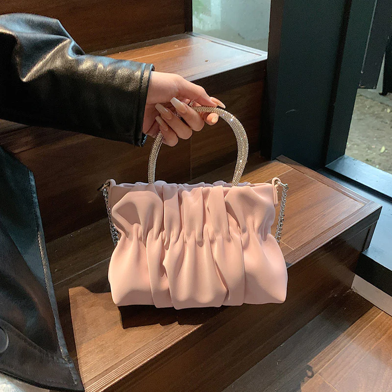 DEANWANGKT 2025 Sweet bright diamond handbag  new summer personalized pleated cloud bag fashionable small fresh girl messenger bag - Deanwangkt